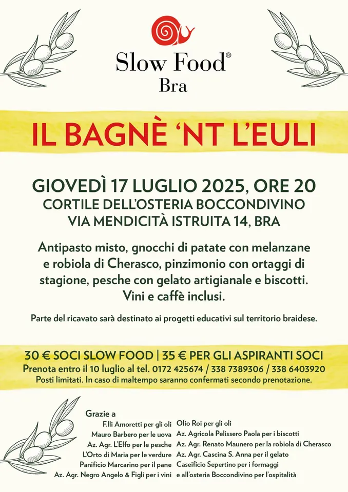 Slow food Bra prepara la serata Bagnè 'nt l'euli