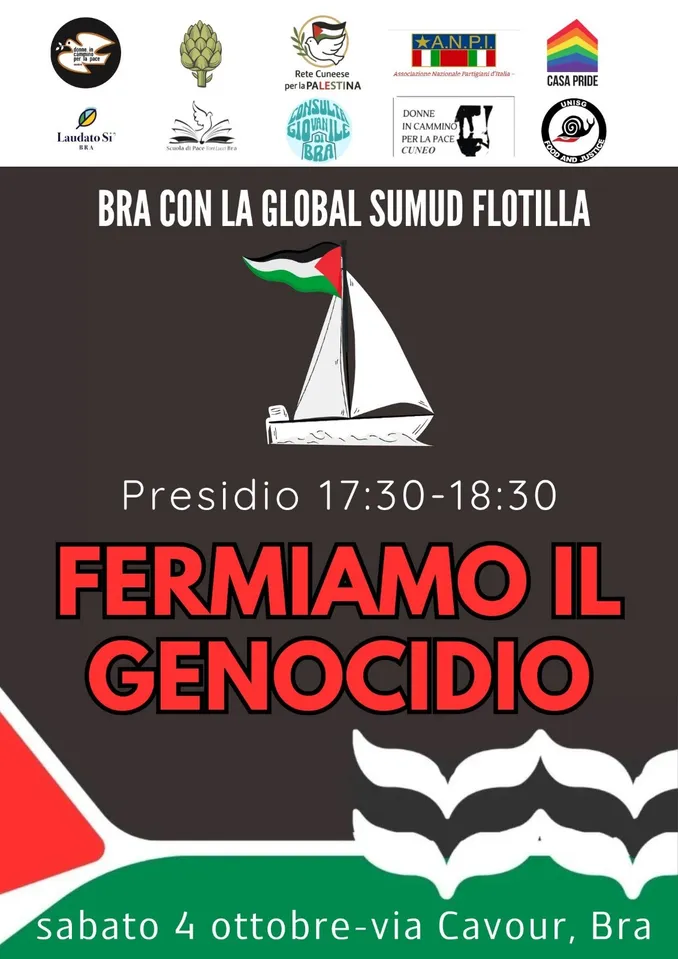 La solidarietà di Bra alla Global Sumud flotilla e ad Abderrahmane Amajou: una manifestazione sabato 4 ottobre