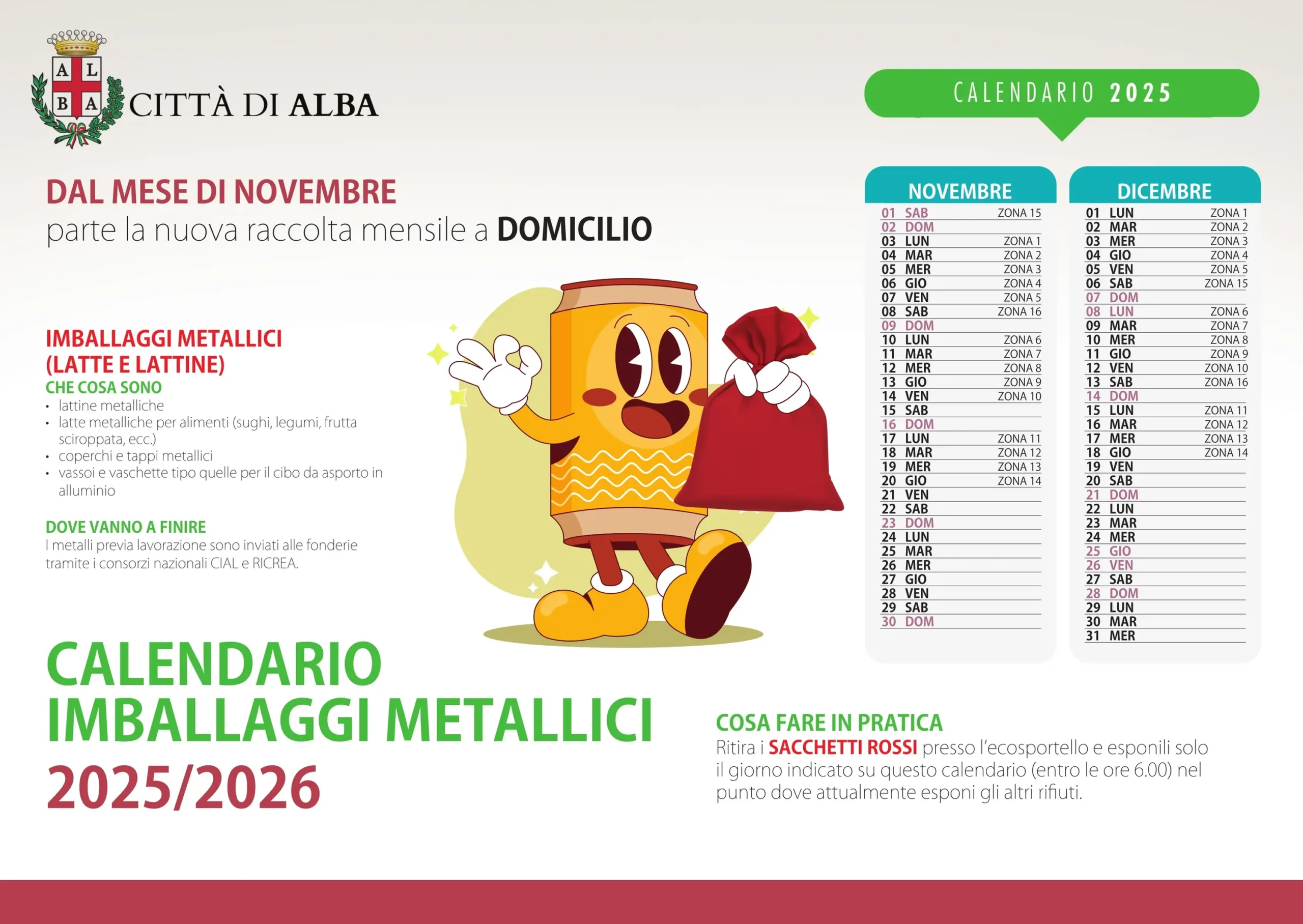 Alba: calendario 2025 e 2026 per la raccolta dei metalli