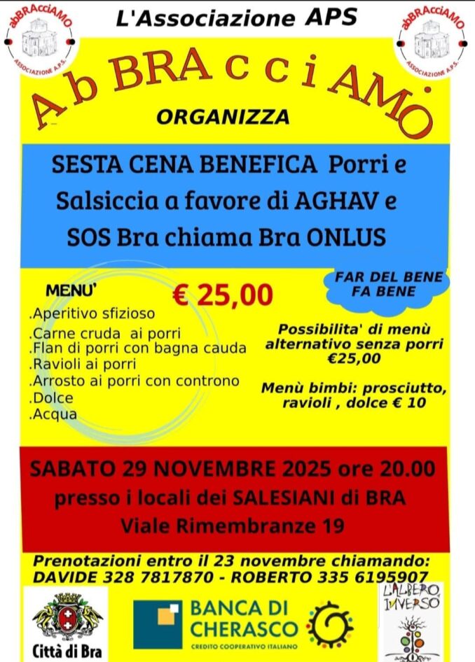 Bra: cena benefica dell’associazione Abbracciamo