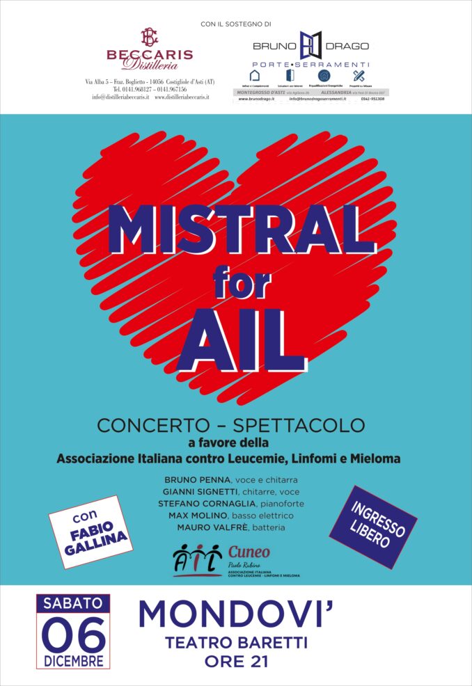 Al teatro Baretti di Mondovì arrivano i Mistral e suonano per AIL 1