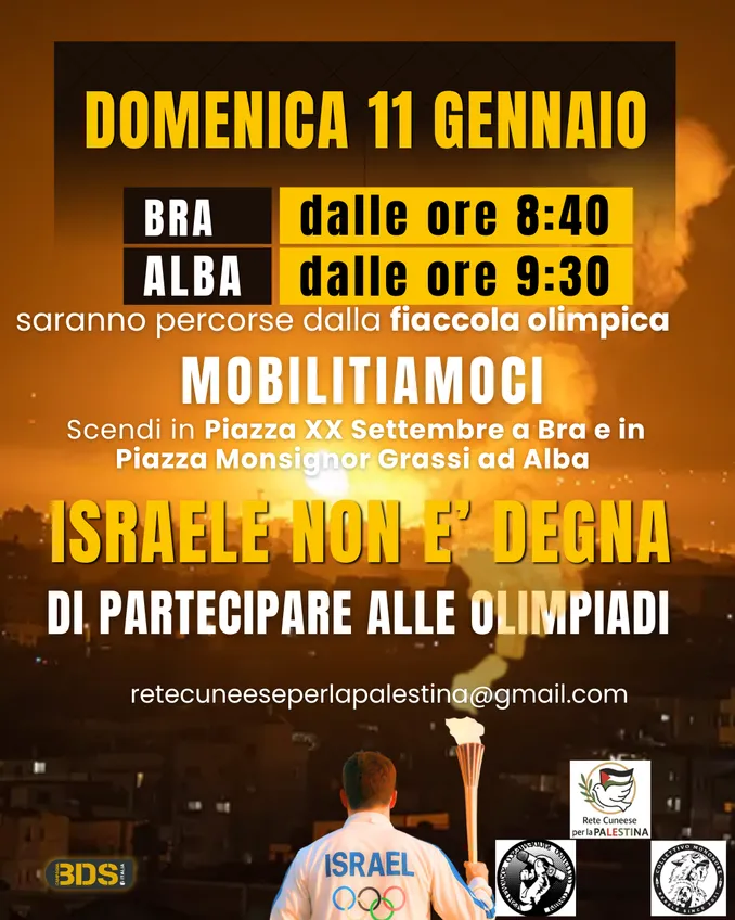 Passaggio della fiaccola olimpica: Cuneo per Gaza e collettivo Mononoke si mobilitano sabato 10 e domenica 11 2
