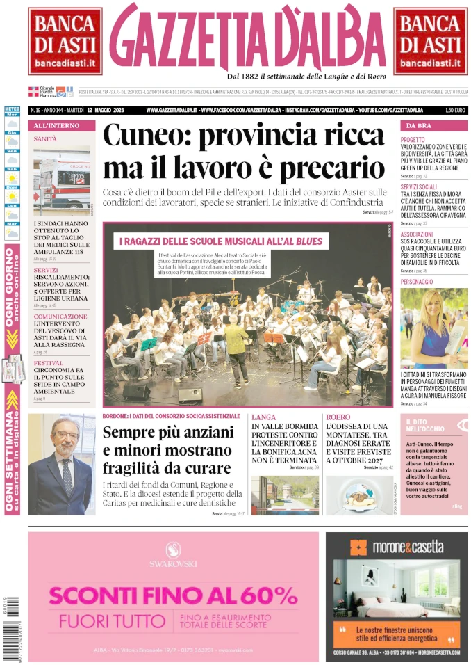 Gazzetta d’Alba sarà nelle edicole domani, martedì 12 maggio. La copertina in anteprima