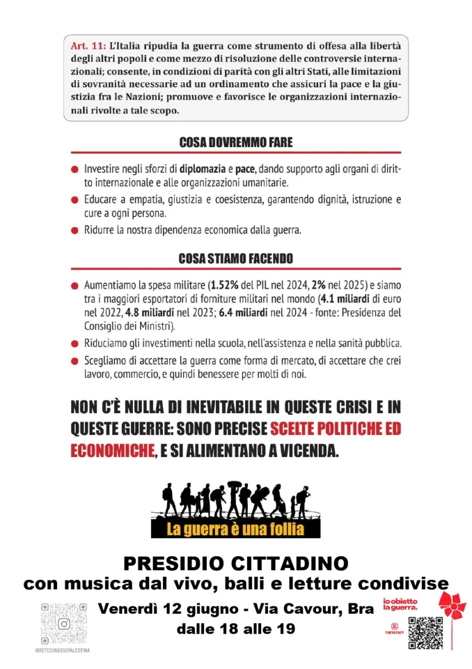La Rete cuneese per la Palestina organizza venerdì 12 giugno alle 18 un presidio a Bra per la pace 2