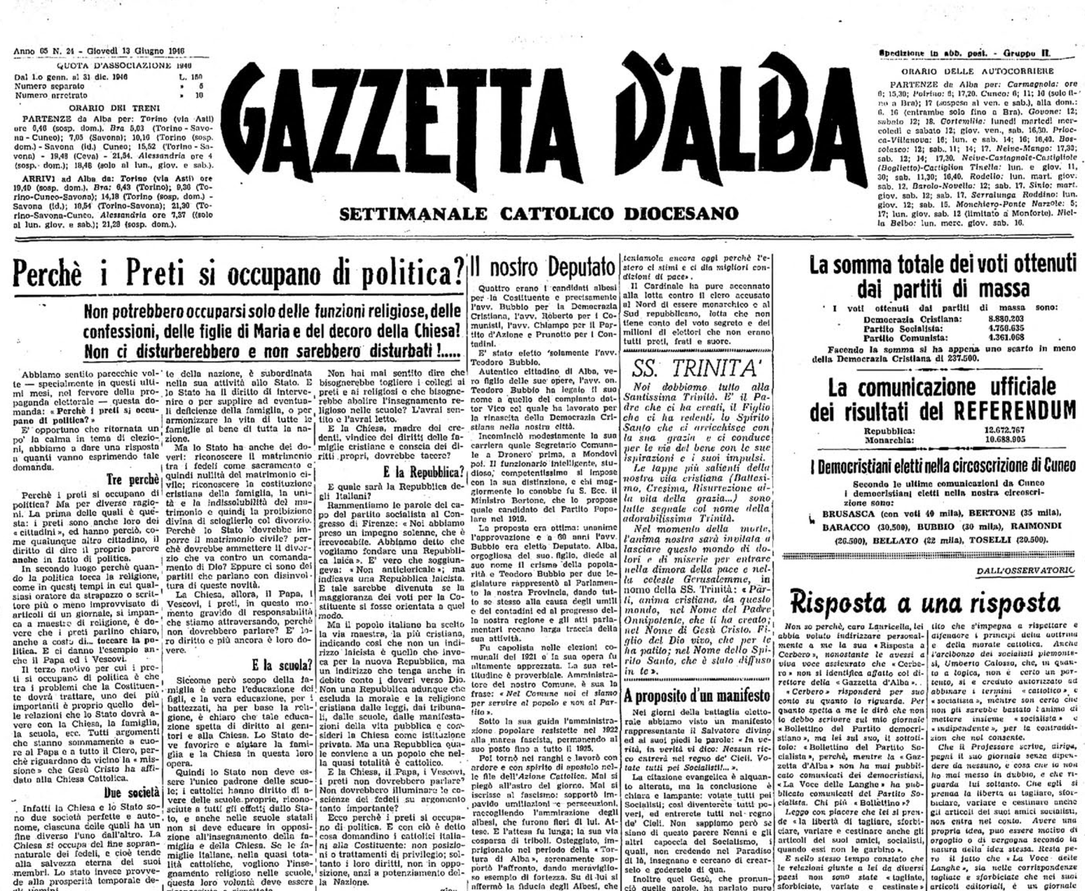 2 giugno: l'avvento della Repubblica nelle pagine di Gazzetta d'Alba del 1946