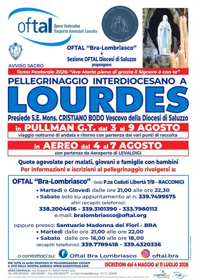 Lourdes 2026: con l'Oftal Bra-Lombriasco, un viaggio di fede, speranza e condivisione