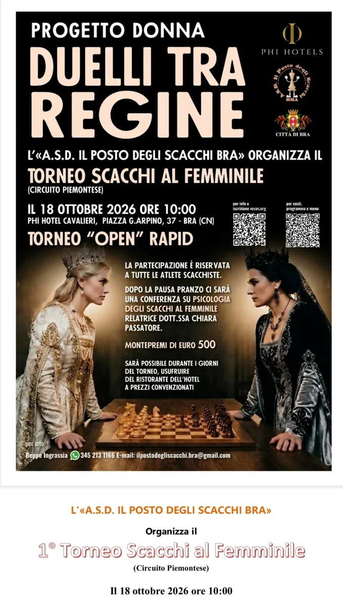 Scacchi al femminile a Bra: domenica 18 ottobre si gioca il torneo Duelli tra regine