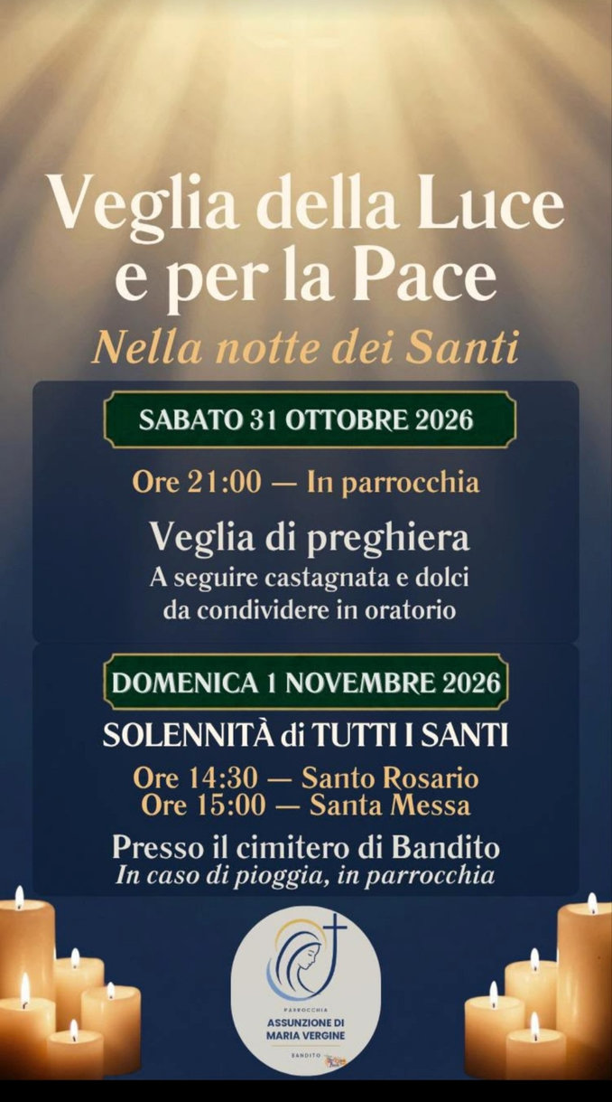 Stasera (sabato 31) Bandito in festa per i Santi: tra preghiera, castagne e tradizione